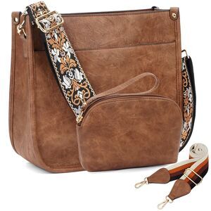 Women's Crossbody Bag Brown Vegan Leather Hobo Purse with 2 Adjustable Straps